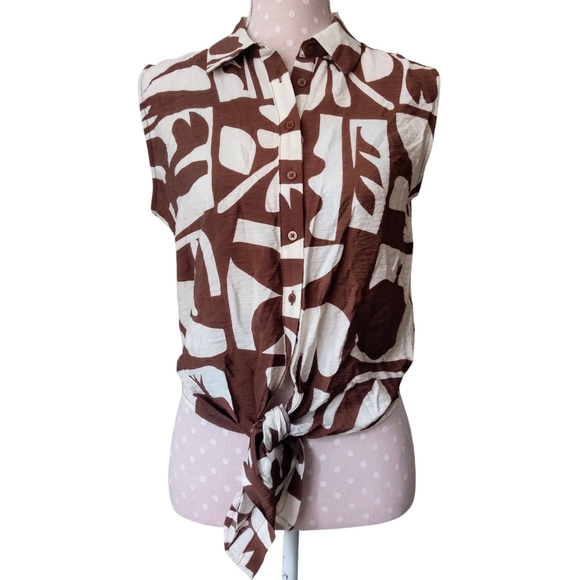 JOIE Tie-Front Top S Sleeveless Crop Button Abstract Floral Brown Women's NWT - Picture 1 of 6